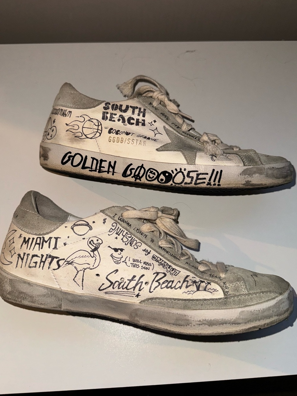 Golden Goose White & Gray Low-Top Sneakers with Hand-Drawn Graphics